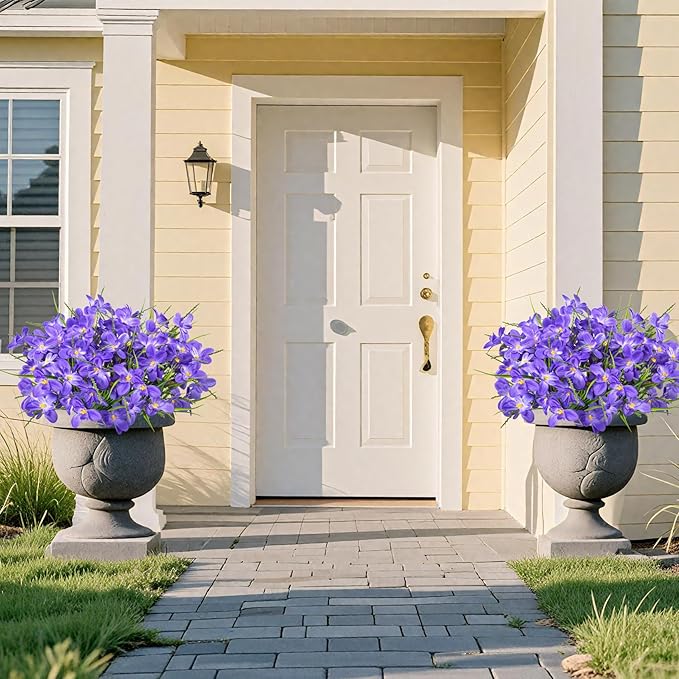 Ouddy Decor 12 Bundles Artificial Flowers for Outdoors Decoration, Fake Freesia Silk Flowers UV Resistant Artificial Plants for Summer Indoor Outside Garden Wedding Farmhouse Porch Home Decor, Purple