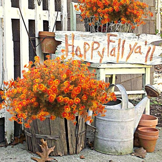 12 Bundles Artificial Fall Flowers for Outdoors Fake Plants - Faux Outside Greenery Boxwood No Fade Plastic Shrubs Decor Farmhouse Home Garden Thanksgiving (Fall Red)