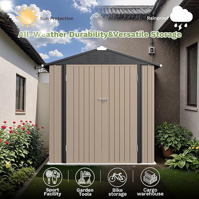Greesum 6×4FT Outdoor Storage Shed, Metal Patio Storaged Sheds with Lockable Doors, Sheds & Outdoor Storage for Bike, Backyard, Pool and Garden, Brown