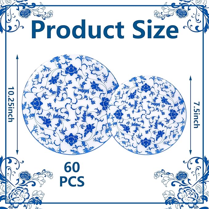 60 PCS Blue Plastic Plates - Blue Floral Plates - Disposable Decorative Plate Sets Include 30 Dinner & 30 Dessert Plate for Wedding Birthday Party Supplies