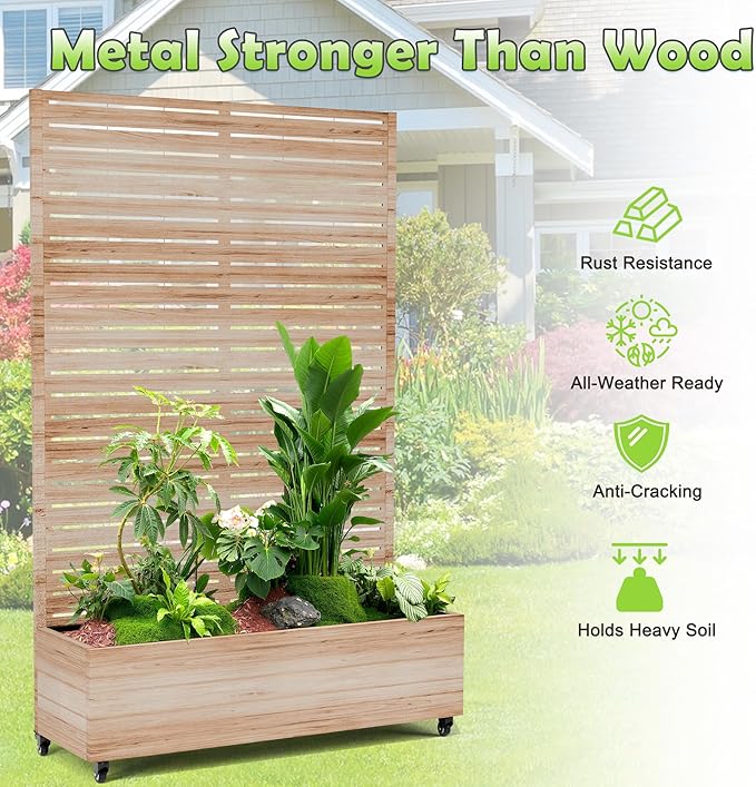 15.7"×70.9"×47.2" Metal Raised Garden Bed with Trellis and Wheels - Tall Trellis Planter Box for Climbing Plants, Vegetables & Vines - Outdoor Privacy Planters for Patio (Acacia Wood Grain)