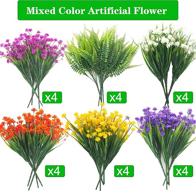 24 Bundles Artificial Flowers for Outdoor Decoration UV Resistant Fake Plastic Plants Faux Boston Fern Artificial Greenery for Summer Indoor Outdoor Garden Patio Window Box Kitchen Home Decor