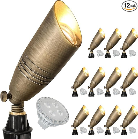 GKOLED Brass LED Outdoor Landscape Spotlights, 12V Low Voltage Spot Light, Waterproof Landscape Lights, Uplighting for Garden, Yard, Antique Bronze Accent Lighting Fixture with MR16 Bulb, 12 Pack