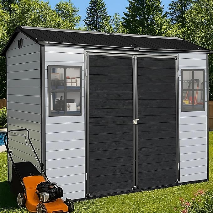 8x4ft Resin Outdoor Storage Shed with Floor and 2 Windows, Plastic Sheds & Outdoor Storage Clearance for Patio Furniture,GardenTools, Bike Accessories and Lawn Mower, Black+Grey