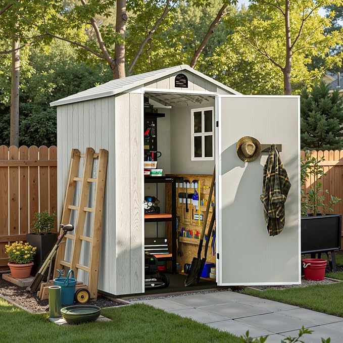 Patiowell 4 x 4 FT Plastic Outdoor Storage Shed with Floor, Garden Tool Shed with Two Windows and Single Lockable Door for Garden, Backyard, Lawn, Easy to Install (Light Gray)