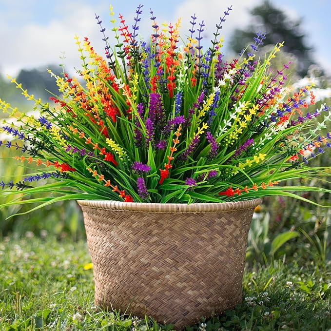 36 Pcs Artificial Plants Outdoor, UV Resistant Fake Outdoor Flowers Faux Plastic Monkey Greenery Grass for Front Porch Window Box Outside Garden Home Office Planters Desk Decor (Mixed Color)