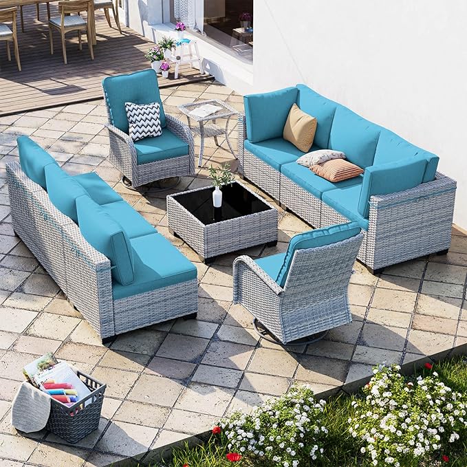 10-Piece Patio Furniture Set, Outdoor Patio Furniture with Swivel Chairs Set, Thick Cushions, Modular Patio Sofa, Dual-Strand Wicker Rattan, Rust-Resistant Frame, Lake Blue