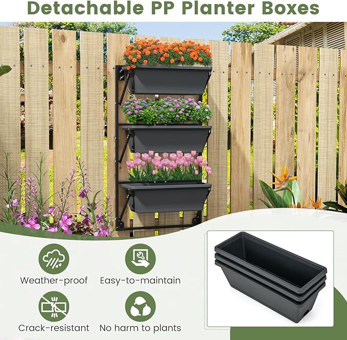 Giantex Vertical Raised Garden Bed, Hanging & Wall-Mounted Planter Garden Boxes, Adjustable Shelf & Detachable Hooks, 3-Tier Railing Raised Beds for Flower Strawberry Vegetable