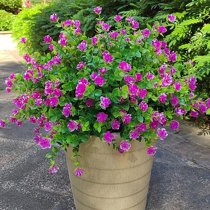 12 Bundles Artificial Flowers for Outdoors, UV Resistant Fake Flowers with Plastic Plants, Faux Flowers for Outside Window Box Front Porch Hanging Planter Decor (Magenta)