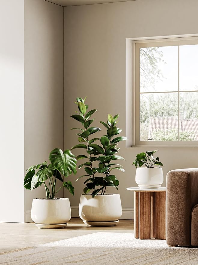 LE TAUCI Ceramic Planter, 10 Inch Plant Pot with Drainage Hole & Saucer – Durable Indoor Planter for Modern Home Decor, Reactive Glaze Beige