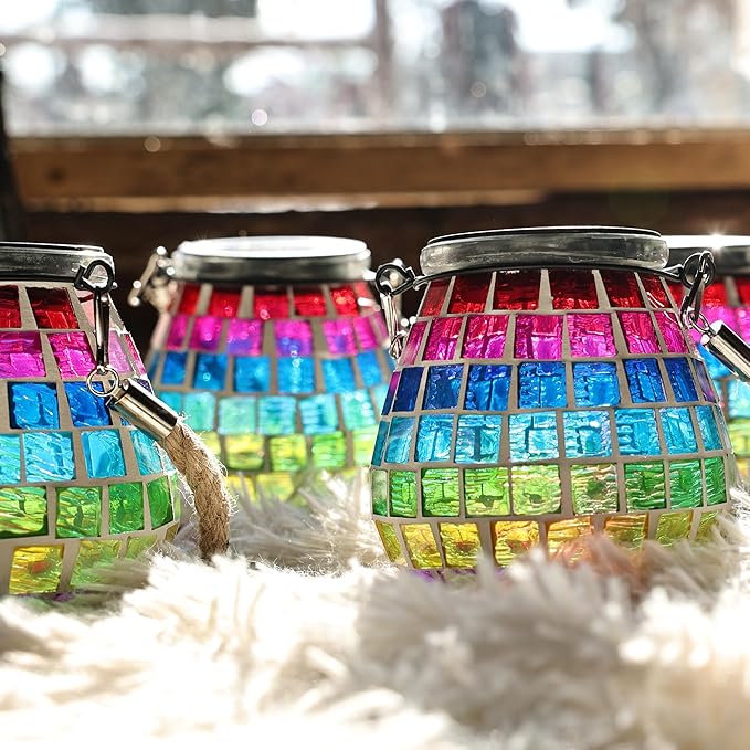 Cooo 2 Pack Mosaic Solar Lantern Outdoor Waterproof IP68 Hanging Projection Light Hidden Lid Pear-Shaped Lantern with Rope Handle Solar Powered Auto On for Patio Garden Fence Table - Neon Mosaic