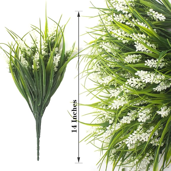 20 Bundles Artificial Plants Outdoor Fake Monkey Grass with Flowers (White)