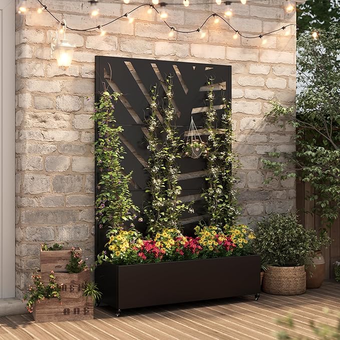 Metal Raised Garden Bed with Trellis & Wheels,70" x 47"x 15.7" Planter Box with Trellis,Privacy Planters for Patio,Garden Bed for Climbing Plants,Suitable for Climbing Plants and Vegetables,Black