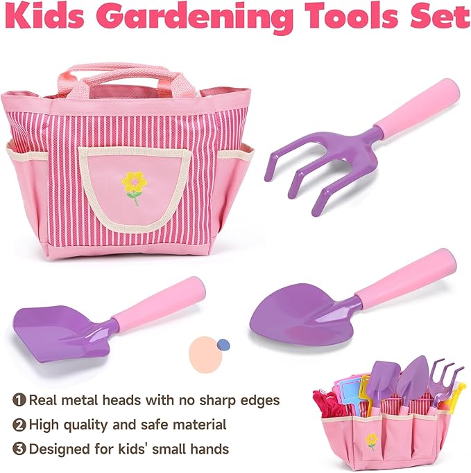 CUTE STONE Kids Gardening Set, Garden Toys with Metal Kids Rake, Shovel, Trowel, Watering Can, Gloves, Tote Bag, Gardening Kit for Toddlers, Outdoor Playset Spring Summer Toys for Girls Boys