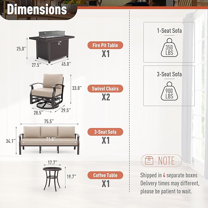 Kurapika Aluminum Patio Furniture Set 5-Seat Modern Metal Outdoor Conversation Sets w/45in Propane Fire Pit Table, Swivel Rocking Chairs Patio Sectional Sofa w/5.1 Inch Cushion, Sand