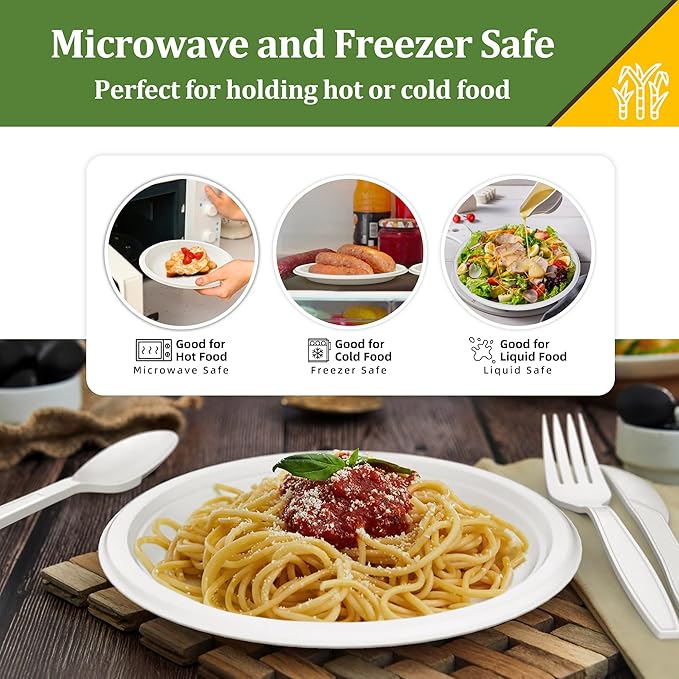 250PCS Disposable Paper Plates Set and Utensils, Compostable Dinnerware 9 and 7inch Plates, Biodegradable Paper Plates, Forks, Knives and Spoons for Party 50 People