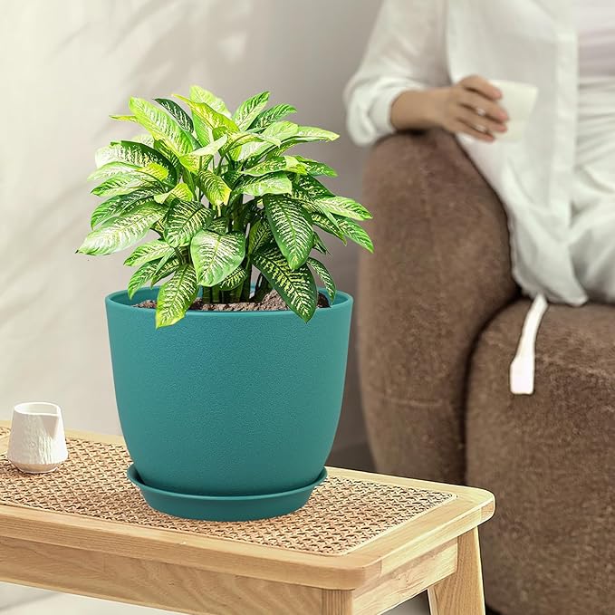 9/8/7.5 inch Flower Pots, 3 Pack Modern Plastic Planters with Drainage Holes and Trays for House Plants, Plant Pots for Indoor Outdoor Plants, Blue Green