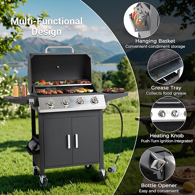 4-Burner Propane BBQ Grill, Stainless Steel Outdoor Gas Grill with 40,000 BTU, Porcelain-Coated Grates and Foldable Side Shelves, Perfect for Patio & Backyard Cooking