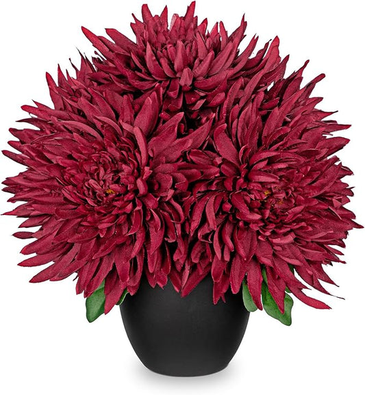 Hollyone Artificial Mums Flowers in Vase Faux Chrysanthemum Silk Flower Potted Plant Fake Plants & Flowers with Pot Floral Arrangements Bouquets Pincushion Spider Mum Flower Home Decor Red