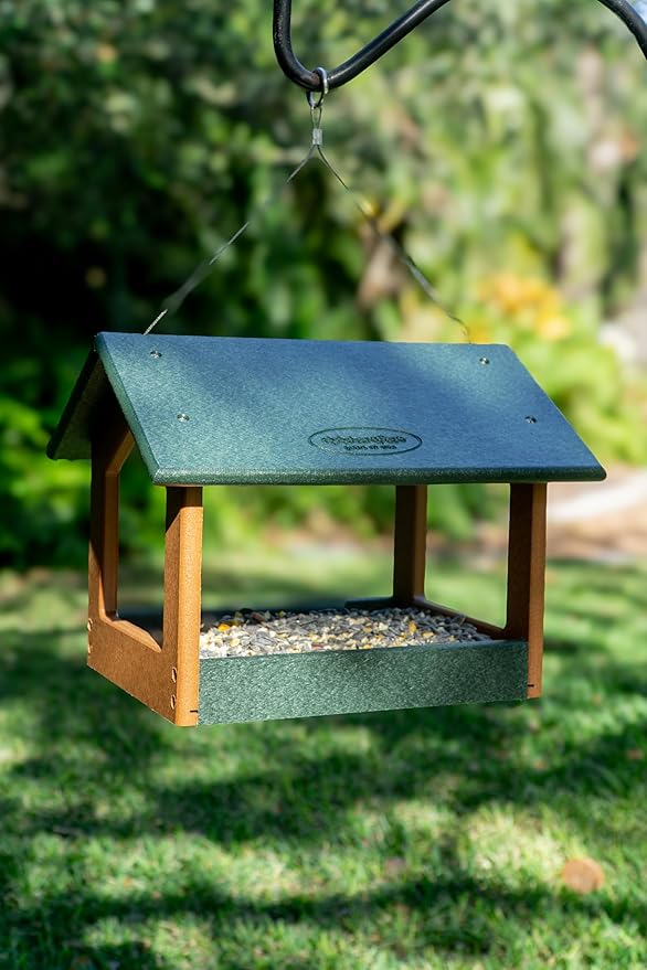 DutchCrafters Amish USA Made Recycled Plastic Large Hanging Modern Fly Through Covered Roof Open Platform Tray Bird Feeder for Outdoors, Garden, Yard (Turf Green & Bright Cedar)