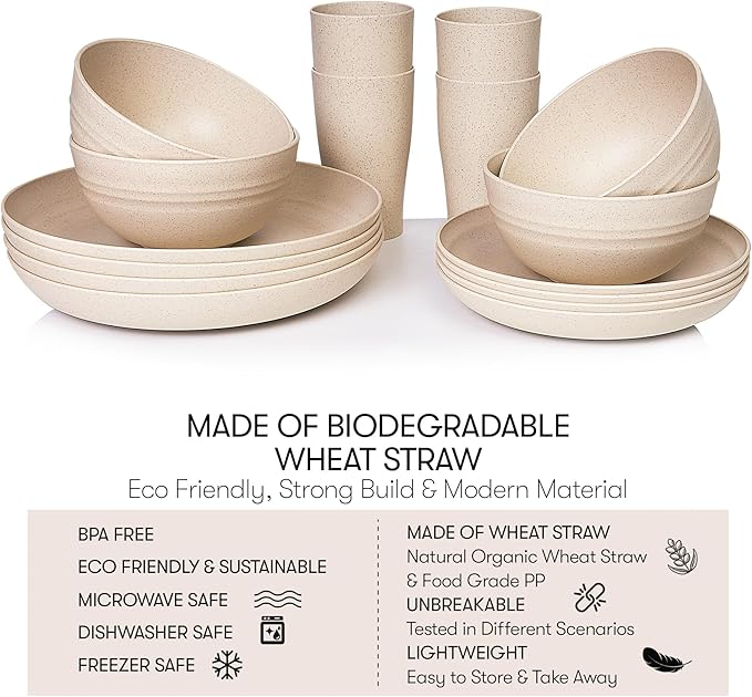 Wheat Straw Dinnerware Sets | Unbreakable Dinnerware Sets | Dishwasher Microwave Safe Dinnerware | Eco Friendly Non Breakable Dinnerware Sets | RV Outdoor Camping (Beige, Service for 4 (16 pcs))