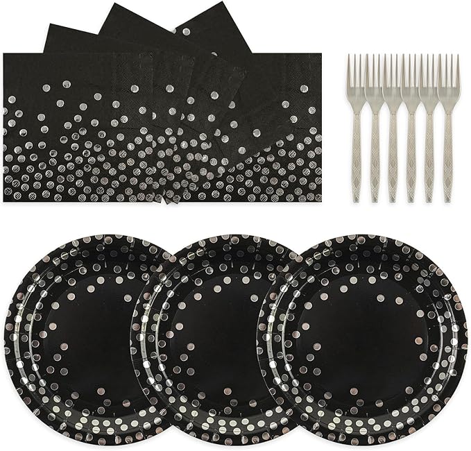 75PCS Paper Plates and Napkins Set - Black and Sliver Dot Disposable Party Dinnerware Includes Paper Plates, Napkins, Forks Decorations for Graduations, Birthdays and Weddings, Serves 25