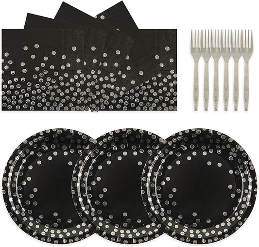 75PCS Paper Plates and Napkins Set - Black and Sliver Dot Disposable Party Dinnerware Includes Paper Plates, Napkins, Forks Decorations for Graduations, Birthdays and Weddings, Serves 25