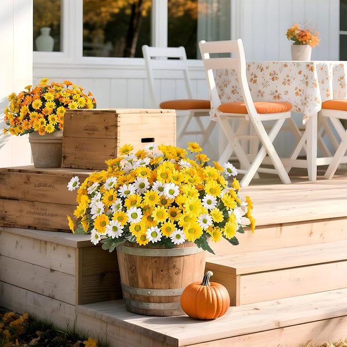 Fake Mums Fall Artificial Flowers for Outdoor Decoration, 6 Bundles Faux Silk Daisy Flowers Realistic UV Resistant No Fade Fall Fake Plants for Home Patio Porch Garden Window Box Decor(Yellow White)
