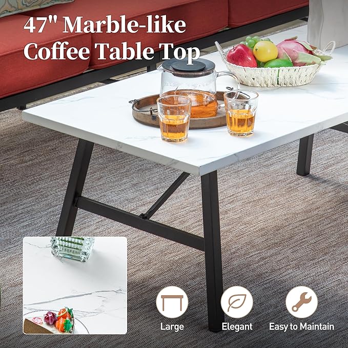 4 Piece Metal Outdoor Patio Furniture Sets, Patio Conversation Sets 1 3-seater Sofa, 2 Swivel Chair with 5.75" Extra Thick Cushion and Coffee Table, Black Frame Backyard Furniture, Red