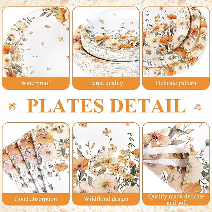 250 Pcs Fall Floral Party Decorations Include Autumn Flowers Paper Plates Napkins and Cups for Autumn Wedding Baby Shower Birthday Party Decorations, Serve 50 Guest