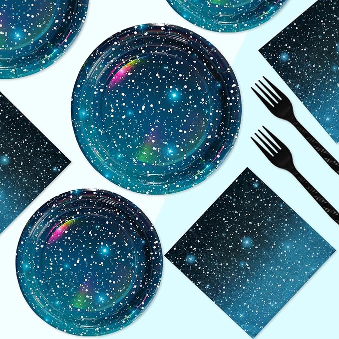 96Pcs Galaxy Party Supplies Iridescent Space Stars Birthday Plates and Napkins Tableware Sets Blue Starry Night Sky Decorations Favors for Mens Boys Baby Shower Galaxy Theme Party Decor Serves 24