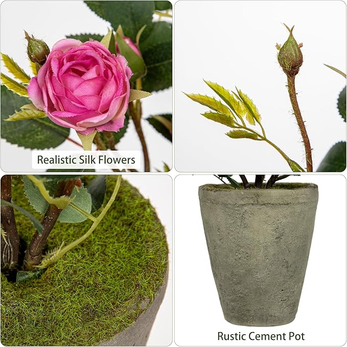Artificial Flower Plants Camellia Pink Roses Faux Potted Plant with Cement Pot Fake Silk Flower Rose Camellias Flower Arrangement Office Home Decor Bathroom Shelf Desk Decoration 15 Inch