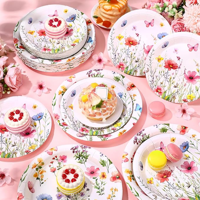 Mumufy 100 Pack Wild Floral Paper Plates Flower Dinner Decoration 9" & 7" Disposable Watercolor Dessert Plates for Wedding Birthday Baby Shower Bridal Tea Party Supplies(Colorful Flowers)