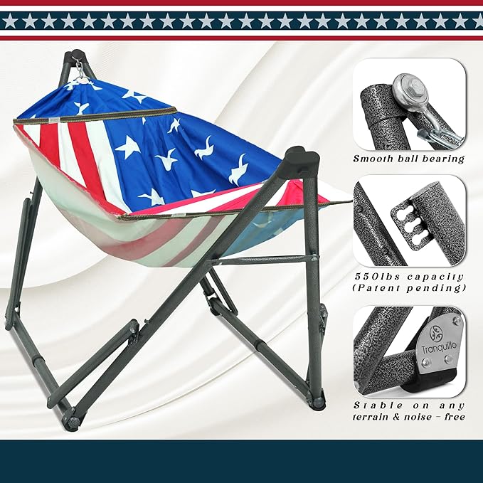 Tranquillo Uniki Adjustable Hammock with Stand for Indoor and Outdoor, Portable Camping Hammock Frame, 550 lbs Capacity, Collapsible and Durable, American Flag