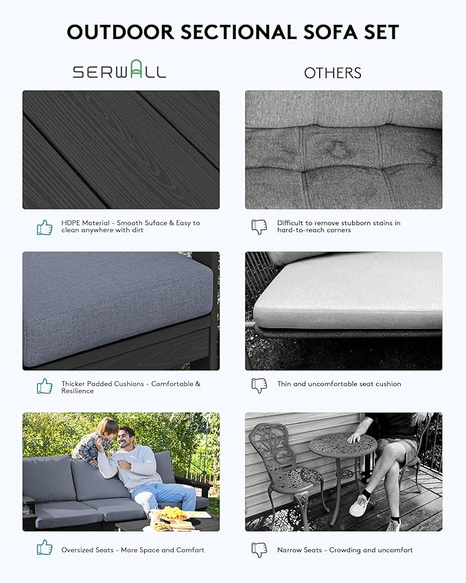 SERWALL HDPE Patio Sofa Set, 4-Piece Sectional Outdoor Furniture Set, All Weather Outdoor Couch Set Patio Furniture Set for Deck, Lawn, Black Frame with Grey Cushion