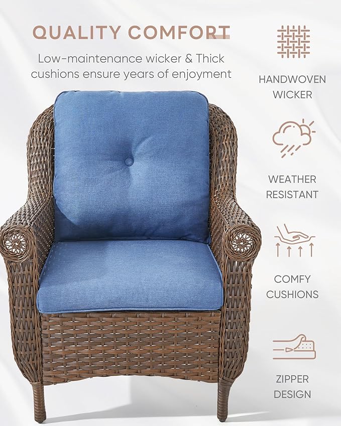 Patio Wicker Chairs Outdoor Furniture Chair - Set of 4 Outside All Weather Lawn Dining Brown Rattan Armchair with High Back&Deep Seating for Deck Porch Balcony Backyard Garden - Navy Blue