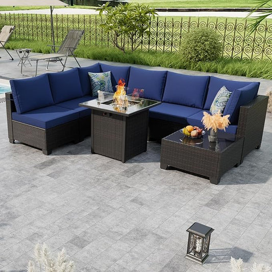 Patio Furniture Set with Fire Pit Table 28", 8-Piece Outdoor Furniture Conversation Set with Cushions, Wicker Sectional Sofa for Porch Garden Backyard, Brown/Blue
