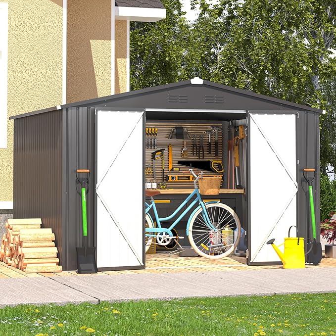 U-MAX 10' x 8' Storage Metal Shed, Dark Grey Large Outdoor Sheds & Outdoor Storage Clearance 8x10, Lockable Garden Shed, Utility and Tool Storage for Garden, Backyard, Patio and Outside Use