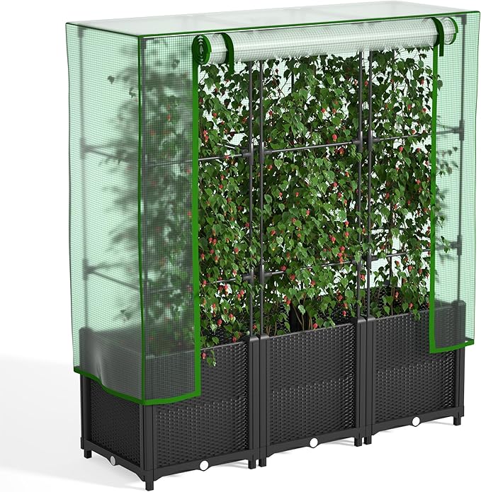 Onelike 48'' x 16'' x 55.5'' Plastic Raised Garden Bed with Greenhouse Cover and Trellis, Vertical Tomato Planters for Climbing Plants, Self Watering System Tomatoes Cage for Patio,Black,Large