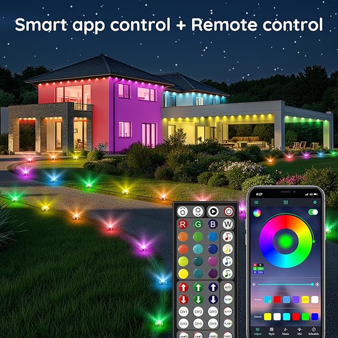 RGB Outdoor Ground Lights, 200Ft Color Changing Pathway Lights with Remote & App Control, Waterproof Walkway Lighting, Wired for Garden Yard Lawn Patio Best for Holiday Party (200FT)