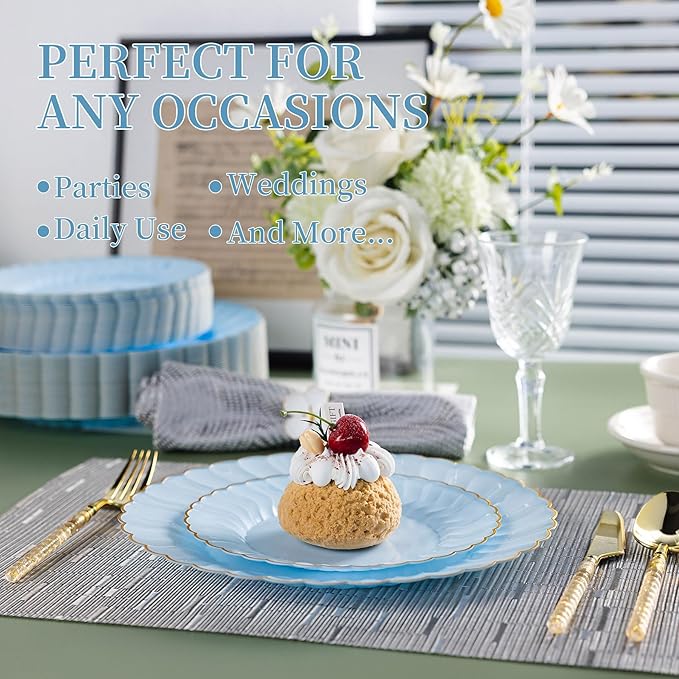 Lullaby 60PCS Light Blue Plastic Plates with Gold Rim, Includes 30PCS Dinner Plate 10'' and 30PCS Dessert Plate 7.5'', Baby Blue Plastic Plates for Party, Wedding and Daily Use