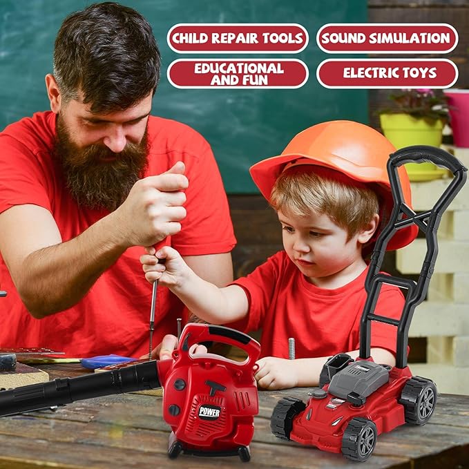 2 Pcs Toy Gardening Tool Set for Kids Leaf Blower, Push Lawn Mower Battery Powered Gardening Tool Set with Lights and Sounds Gift for Boys Girls
