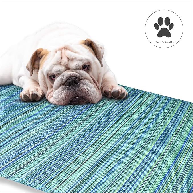 Fab Habitat Outdoor Rug - Waterproof, Fade Resistant, Crease-Free - Premium Recycled Plastic - Striped - Large Patio, Deck, Sunroom, Camping, RV - Cancun - Turquoise & Moss Green - 6 x 9 ft