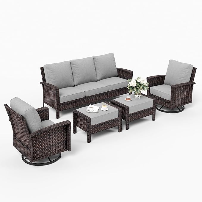 5 Pieces Patio Furniture Set with Swivel Chairs, High Back Wicker Rattan Sofa with Extra Thick Cushion and Ottoman, Outdoor Conversation Set for Garden Backyard Deck, Grey