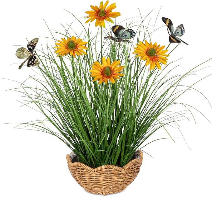 Artificial Plants Indoor with Pot, 17.3" Fake Potted Plants Artificial Onion Grass Plant with Yellow Daisies Flowers and Butterflies Small Faux Plant Indoor for Home Living Room Table Shelf Decor