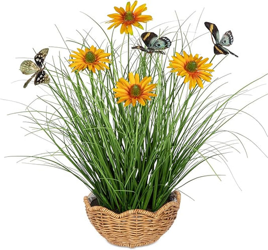 Artificial Plants Indoor with Pot, 17.3" Fake Potted Plants Artificial Onion Grass Plant with Yellow Daisies Flowers and Butterflies Small Faux Plant Indoor for Home Living Room Table Shelf Decor