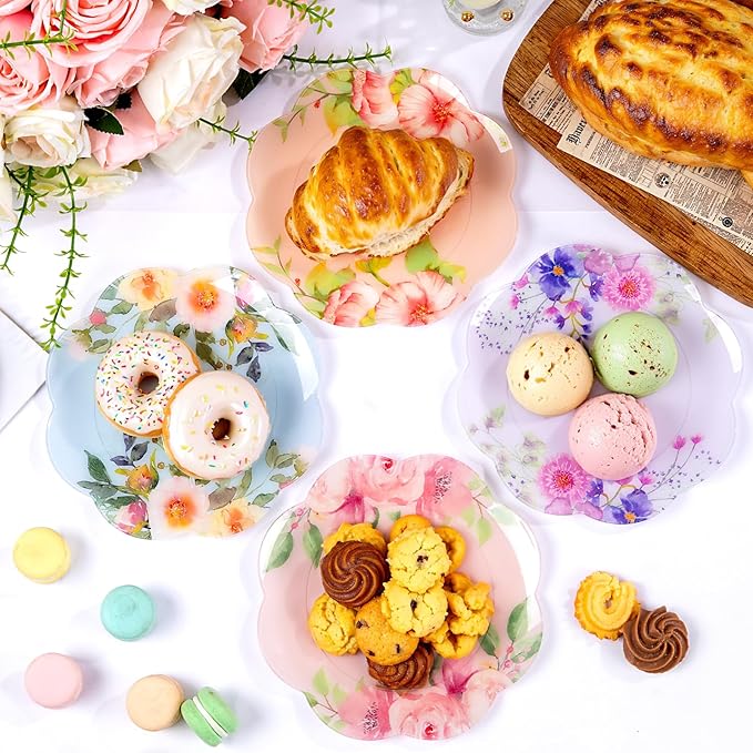 60Pcs Floral Plastic Plates - 7.5inch Dessert Plate Disposable - Heavy Duty Tea Party Plates - Premium Flower Plate Decorations for Birthday Baby Shower Wedding Party Supplies