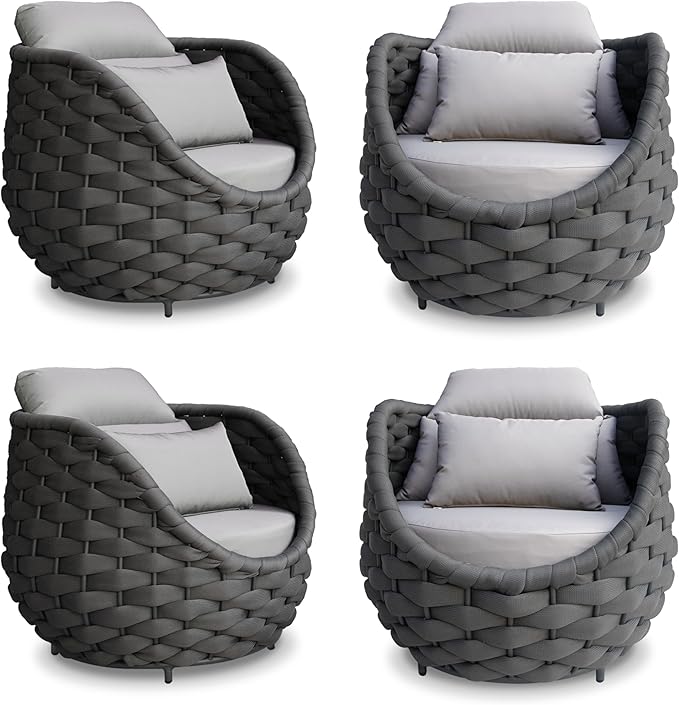 4 Pcs Woven Rope Outdoor Chair: Aluminum Patio Accent Chair with Arms - Assembled Cushioned Lounge Chair For 400lbs - Morden Porch Furniture Seating for Deck Balcony Garden Backyard Hotel Resort
