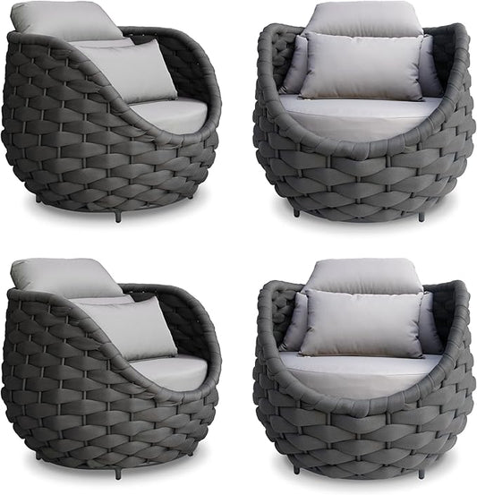 4 Pcs Woven Rope Outdoor Chair: Aluminum Patio Accent Chair with Arms - Assembled Cushioned Lounge Chair For 400lbs - Morden Porch Furniture Seating for Deck Balcony Garden Backyard Hotel Resort
