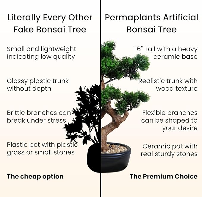 Artificial Bonsai Tree 16" Tall with Realistic Wood and Ceramic Pot Fake Plants Juniper Pine Zen Faux Plants for Home Bedroom Japanese Decor